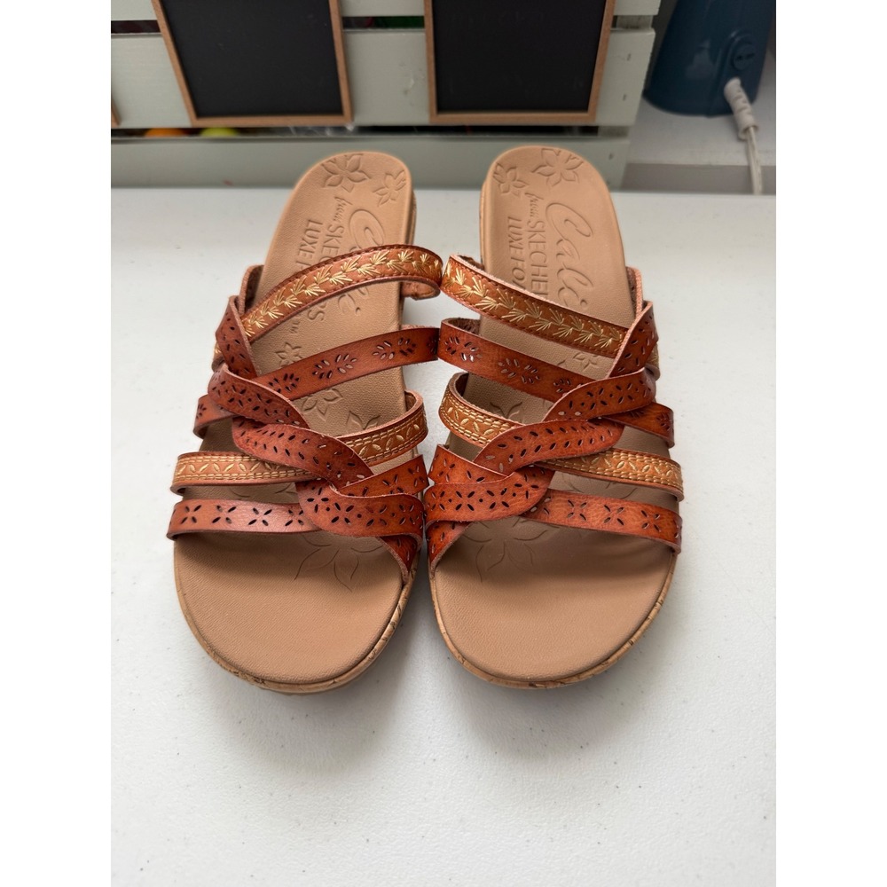 Skechers Cali Luxe Foam Womens Brown Strappy Cork Wedge Sandals Sz 8